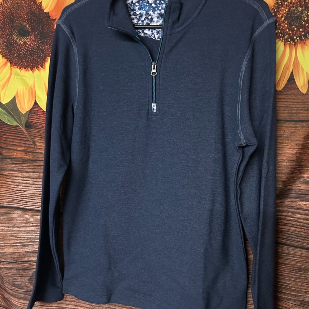 Robert Graham Navy Zip-Neck Pullover with Teal Accents